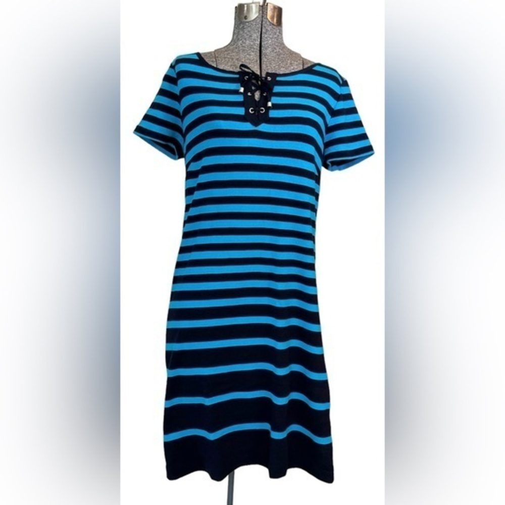 Talbots Dress Womenβs Blue Striped Short Sleeve, size Medium